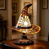 Stained Glass Style Witch Hat Lamp, USB Powered Resin Wizard Hat Night Light with Sun Star, Gothic Halloween Table Lamp for Bedroom Bookshelf Mantel