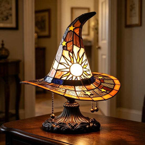 Stained Glass Style Witch Hat Lamp, USB Powered Resin Wizard Hat Night Light with Sun Star, Gothic Halloween Table Lamp for Bedroom Bookshelf Mantel