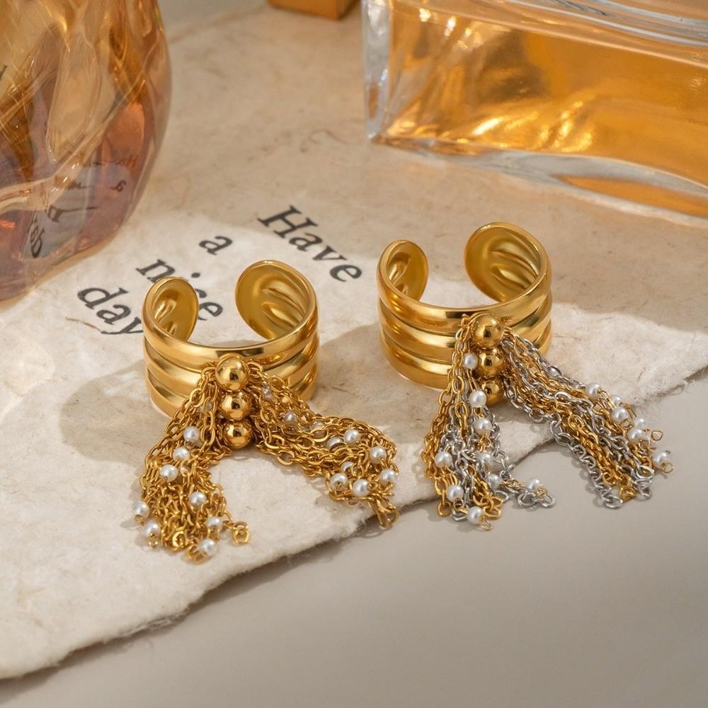 Three-Layer Tassel Ring Beaded Chain Open Finger Ring Gold Color Plated Ring Jewelry Accessories
