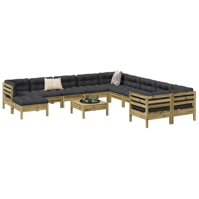 VidaXL Salon de jardin avec coussins 12 pcs bois de pin imprégné, ensemble de canapés d'extérieur, ensemble de canapés de 3299657