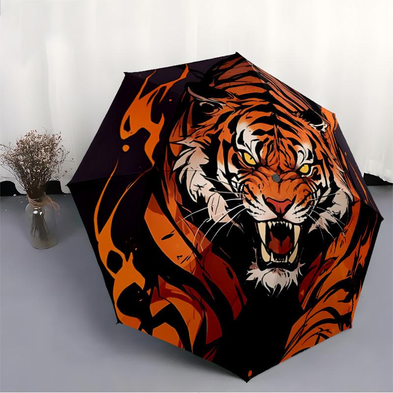 1pc Tiger Flames Automatic Open/close, Heavy-Duty Iron Frame & 8-Rib Structure, Compact Folding Umbrella for Women/Men, All-Season Travel, Halloween a