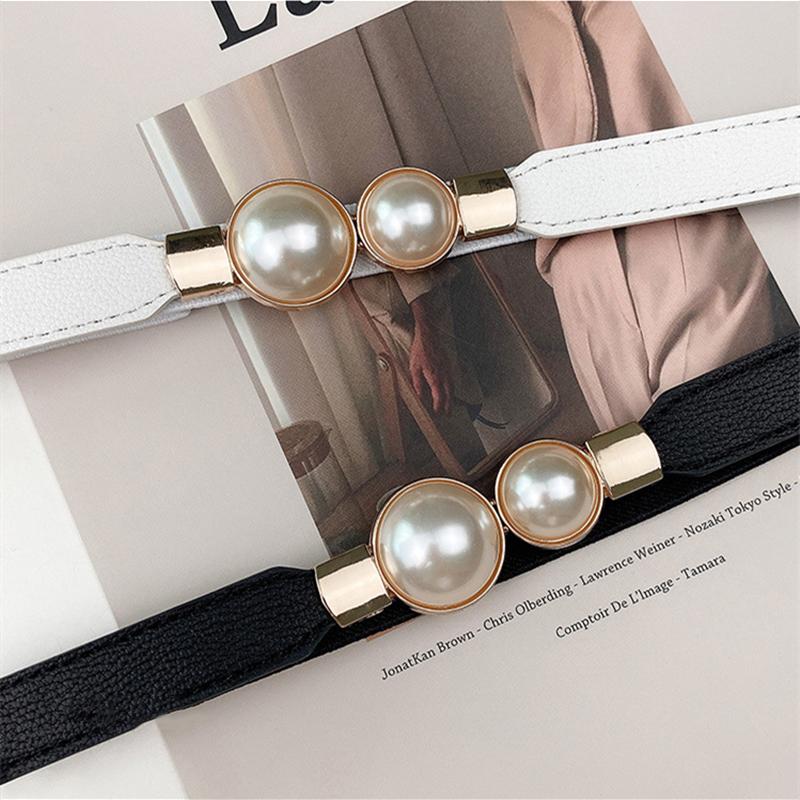 New Elegant Vintage Pearl Waist Chain Belts for Women Korean Style Sweater Jacket Hooks Elastic Slim Fit Leather Belt