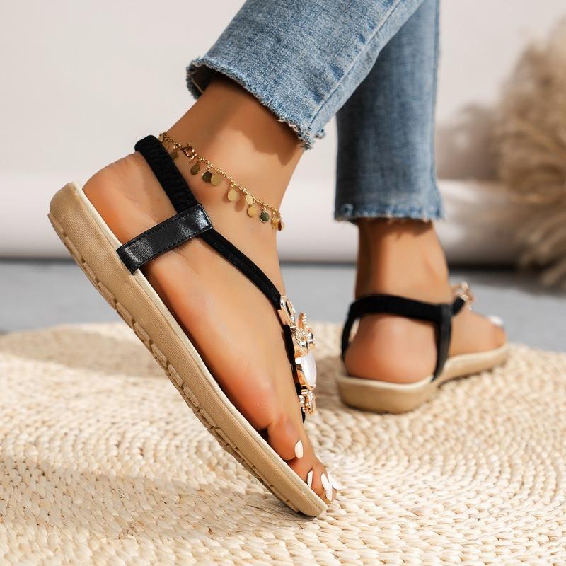 Summer New Toe Sandals Chaboho Rhinestone Beaded Beach Shoes Soft Sole Non-slip Flat Heel Roman Women's Shoes