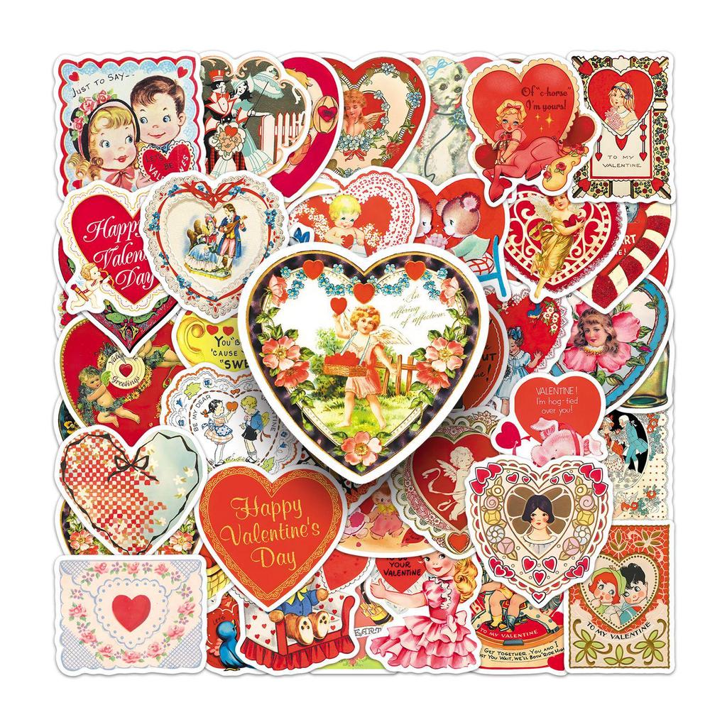 50 Sheets Retro Valentine's Day Stickers: Cartoon Hearts & Romantic Graffiti for Journals & Storage Boxes