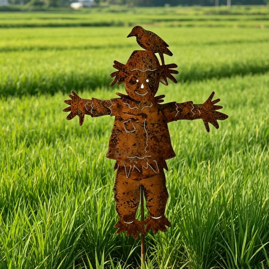 Metal Scarecrow Garden Stake, 27.36 Inches Rusty Scarecrow Yard Art Stake, Farmhouse Yard Sign with Stake, Rustic Outdoor Decoration for Lawn