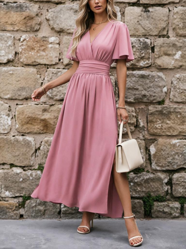 European and American Cross-border Foreign Trade New Women's Clothing Solid Color Dark V-neck, Waist Long Skirt, Split Skirt Dress Women