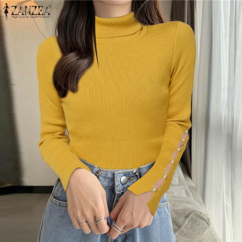 ZANZEA Autumn Winter Women Turtleneck Sweater Long Sleeve Pearl Knitted Jumpers Undershirts