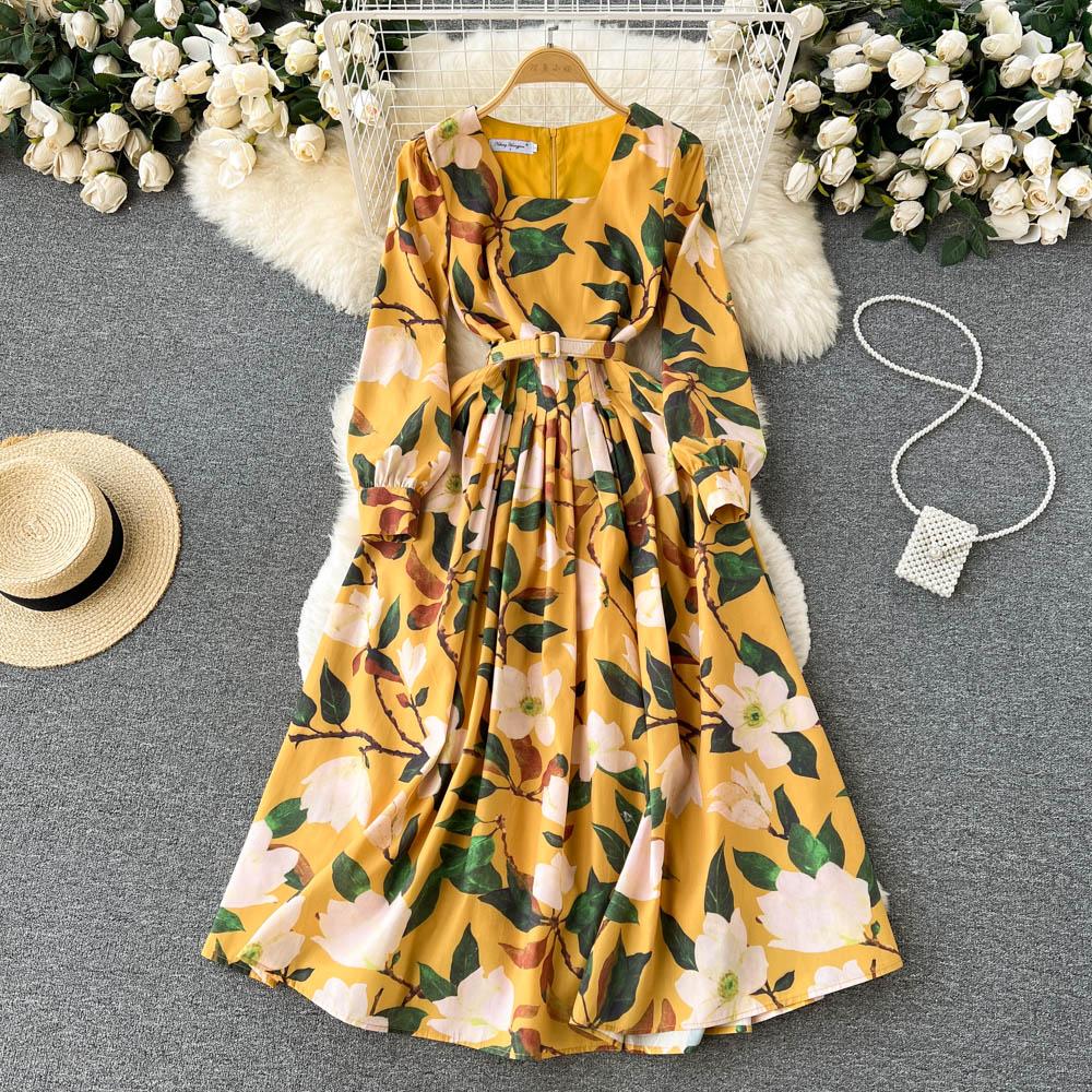 

Новое осеннее свободное платье длиной до колена с длинными рукавами и цветочным принтом, плиссированное подол, женское платье