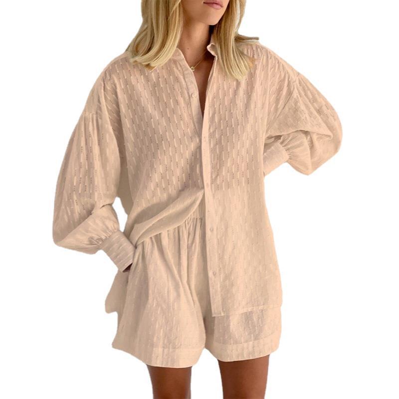 Autumn Women's Europe and the United States Shirt Set Jacquard Bubble Sleeve Top Shorts Commuter Sense Casual Suit
