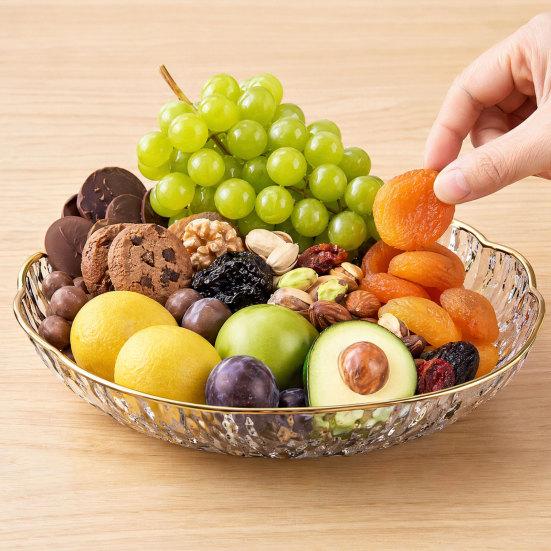 Plastic Fruit Bowl with Gold Trim, Clear Fruit Basket, Modern Decorative Serving Bowl for Kitchen Counter, Dining Room, Coffee Table