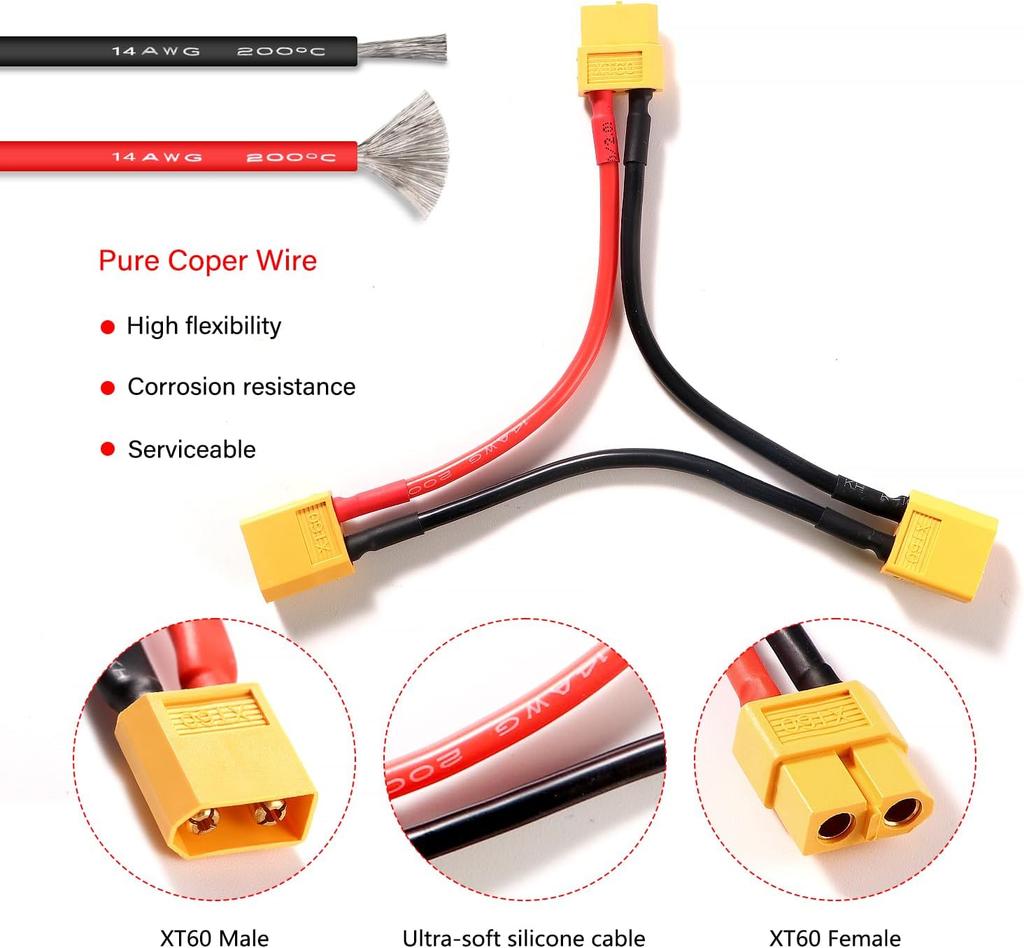 2Pcs XT60 Series Adapter Cable for 2 Lipo – Voltage Increase, Male Female Connector – For RC Models, Silicone, Yellow Red Black