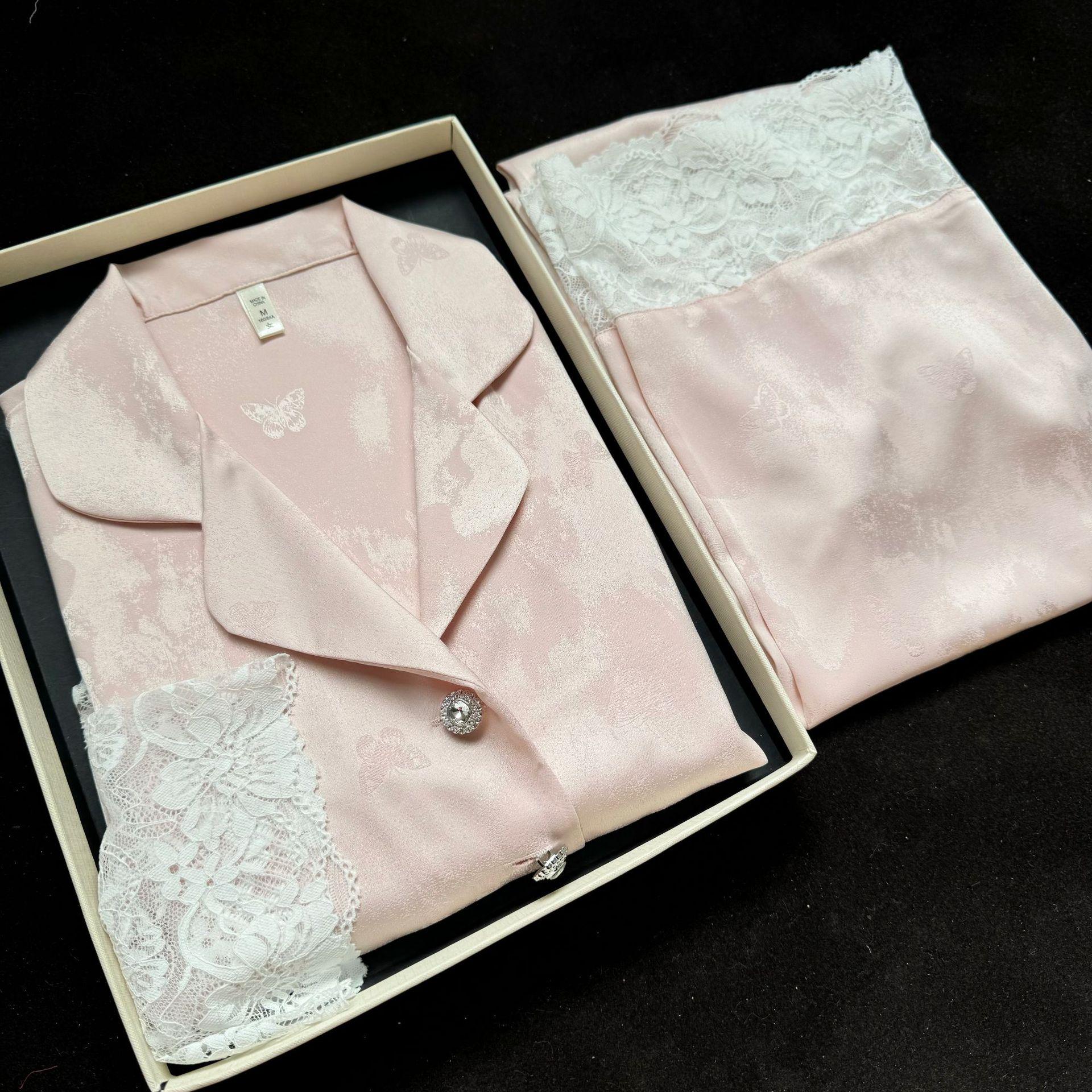 

Lace Ice Silk Long Sleeve Pajamas for Women - High-Grade Jacquard Set Extra Large рожевий