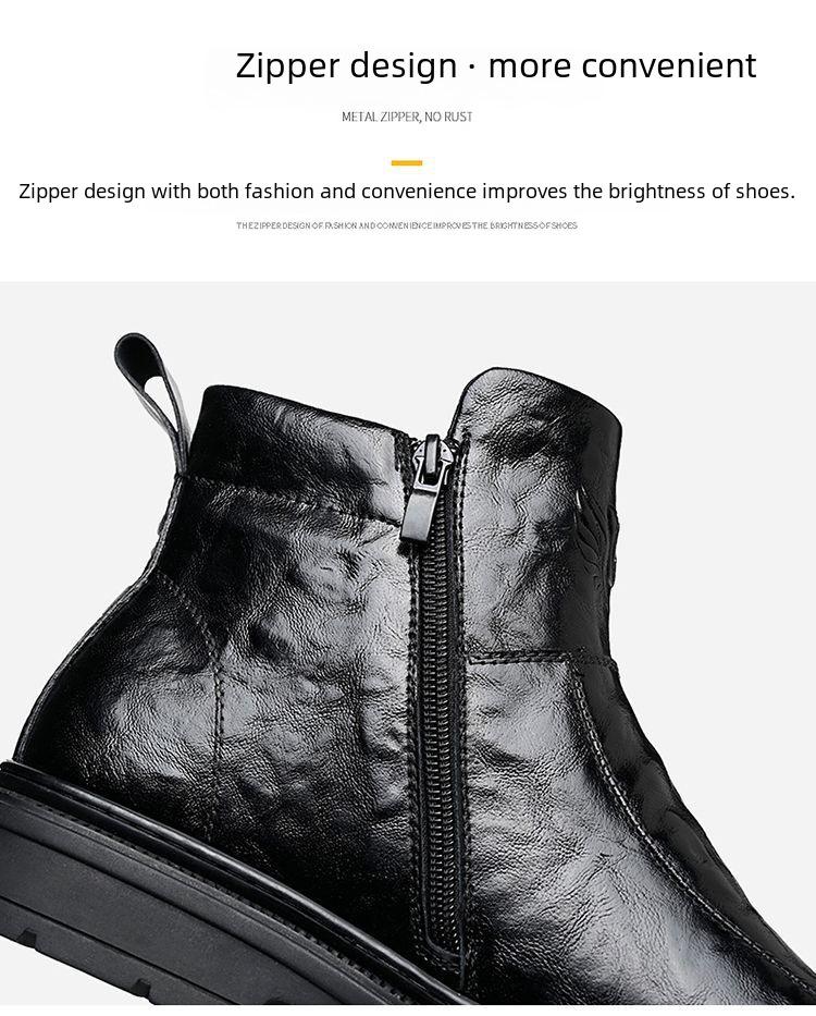 Férfi 2024 Brit Stílusú Fekete Bőr Motoros Csizma - Magasszárú, Vastag Talpú, Légáteresztő, Plusz Bársony.