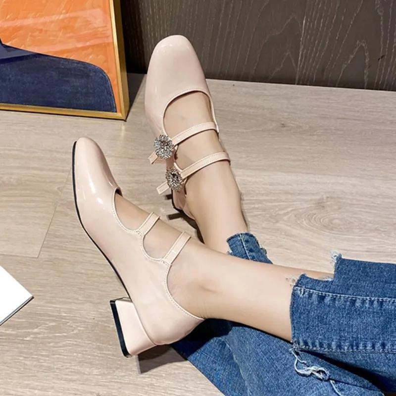 Fashion Chunky Heels Women Mary Jane Shoes Bling Rhinstones Elegant Patent Leather Party Wedding Ladies Pumps Autumn Lolita Footwear