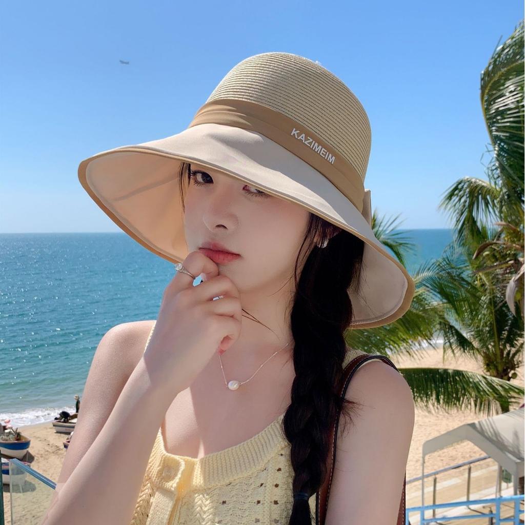 Summer outdoor travel sunscreen bucket hat new fashion splicing visor bow student big eaves hat