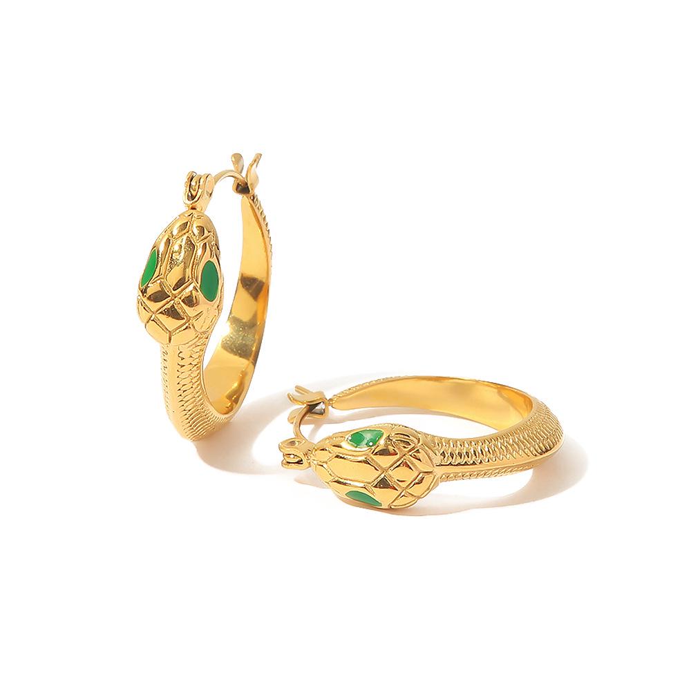 Stainless Steel Snake Earrings with Green Eyes - Fashionable, Non-Fading Design for Women