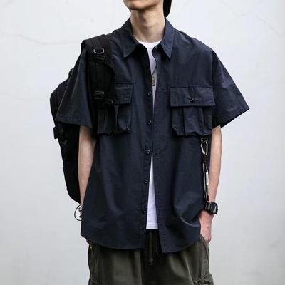 Camisa de Trabalho Masculina de Verão de Manga Curta Cor Sólida Estilo Japonês com Bolso Grande