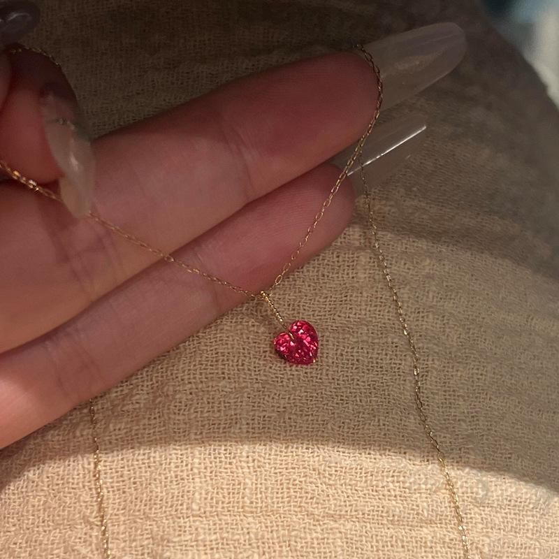 Red Corundum Cherry Red Ruby Silver Necklace with 18K Gold Plated S925 Sterling Silver Clavicle Chain