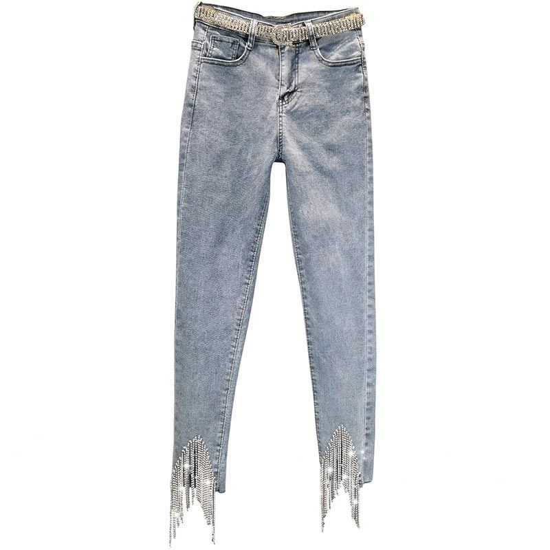 Station Trousers Rhinestone Tasseled Jeans Women's Fashionable 23 Summer Clothes New Arrival High Waist Slimming and Tight Skinny Jeans Cropped Pants