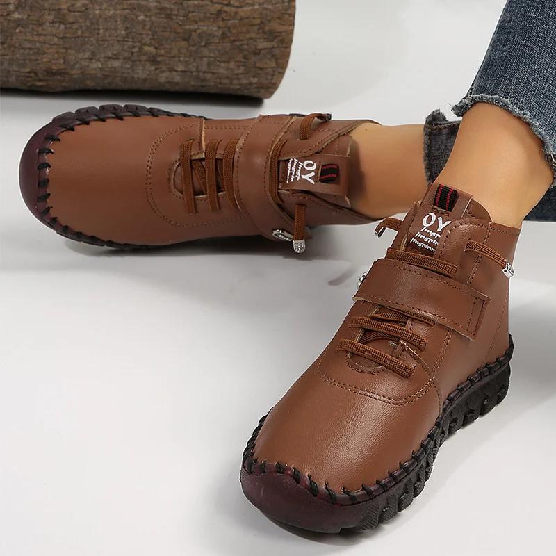 Czerwone kozaki damskie z PU skórzane miękkie dno ortopedyczne jesienno-zimowe buty damskie plus size ocieplane botki damskie mokasyny dla mamy