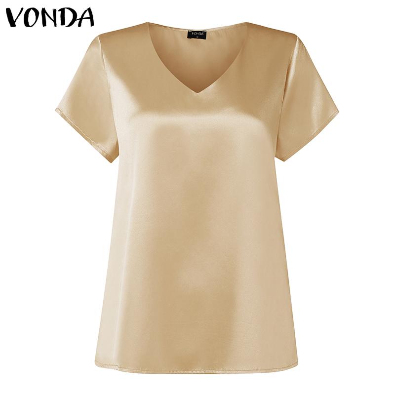 

VONDA Summer Women V Neck Satin Blouse Casual Short Sleeve Tops 5XL хаки