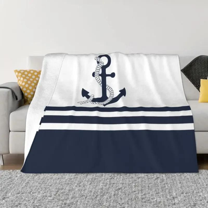 Ultra-Soft Fleece Nautical Blue Anchors With Blue And White Stripes Throw Blanket Flannel Sailing Sailor Blankets Bedspreads 75x90cm