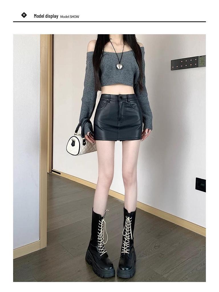 2024 Spring High Waist Black PU Leather A-Line Mini Skirt for Women