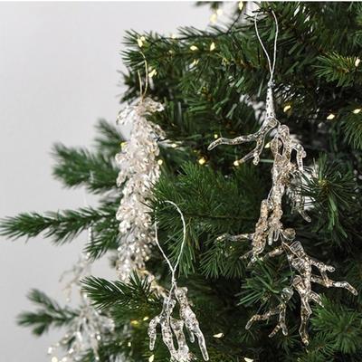 Pingente de Gelo Acrílico de Natal Artesanato Realista DIY Galhos de Natal com Glitter Folhas Artificiais Decoração de Árvore de Natal