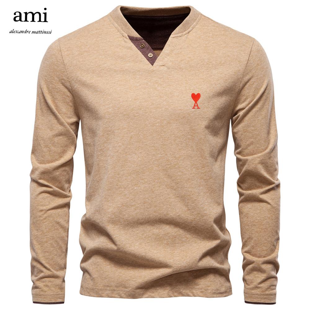 AMI 2025 Autumn New Embroidery Men's Fashion Color Cotton Solid Color Long Sleeve T-shirt V-neck Casual Men's Top T-shirt