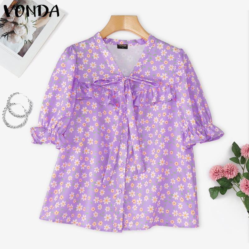 VONDA Elegant Women Floral Print Blouse Casual Puff Sleeve V Neck Ruffled Tops