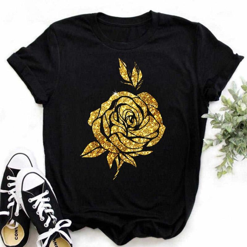 Fashion Gold Rose Print Women T Shirt Harajuku Short Sleeves Tshirts Casual O-neck Top Tee Shirt Women Black T-shirt