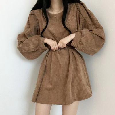 Autumn New Arrivals Cold Girl Style Women's Clothing British Style Pure Desire French Style Design Casual Flocked Corduroy Dress