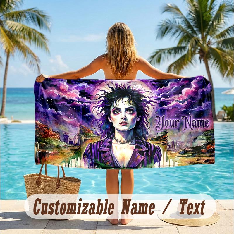 Custom Text Beach Towel, Soft Absorbent Swimming Multi-use TowelBeetlejuice Lydia Deetz