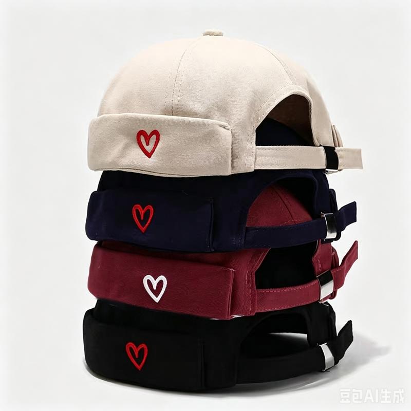 Love Heart Embroidered Docker Beanie Cap Adjustable Cotton Skullcap Casual Streetwear Short Beanie Hat Brimless Tang Hats