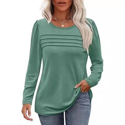 Popular, Women's Autumn and Winter Crew Neck Long-sleeved Chest Tucker Line Pleated Top