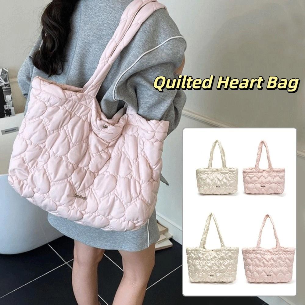 Large Capacity Puffy Tote Bag Korean Women's Handbag Elegant Quilted Heart Bag Shoulder Bag