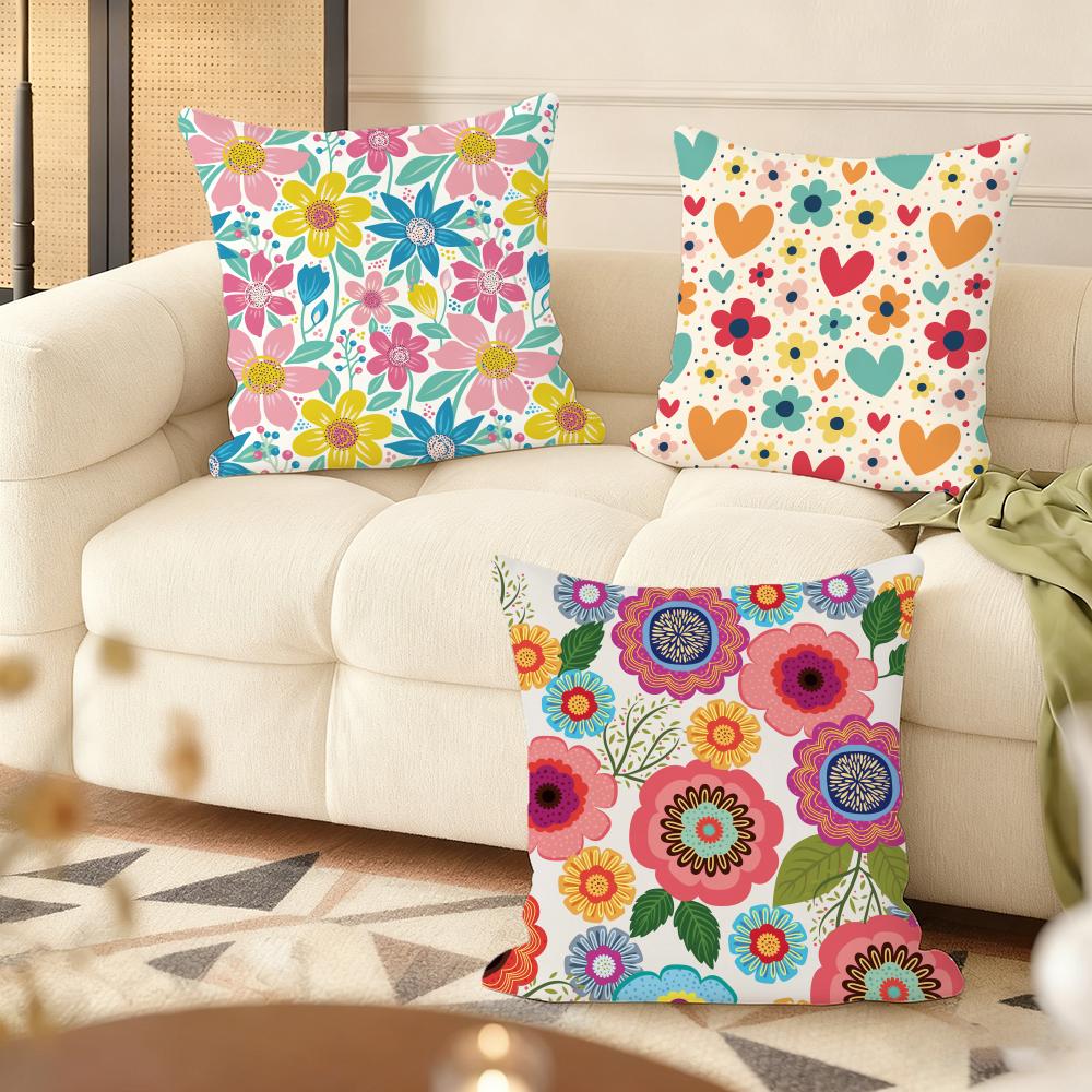 Colorful Flowers Cushion Cover Natural Linen Organic Fabric DoubleSided Printing Couch Pillow Covers Home Decor
