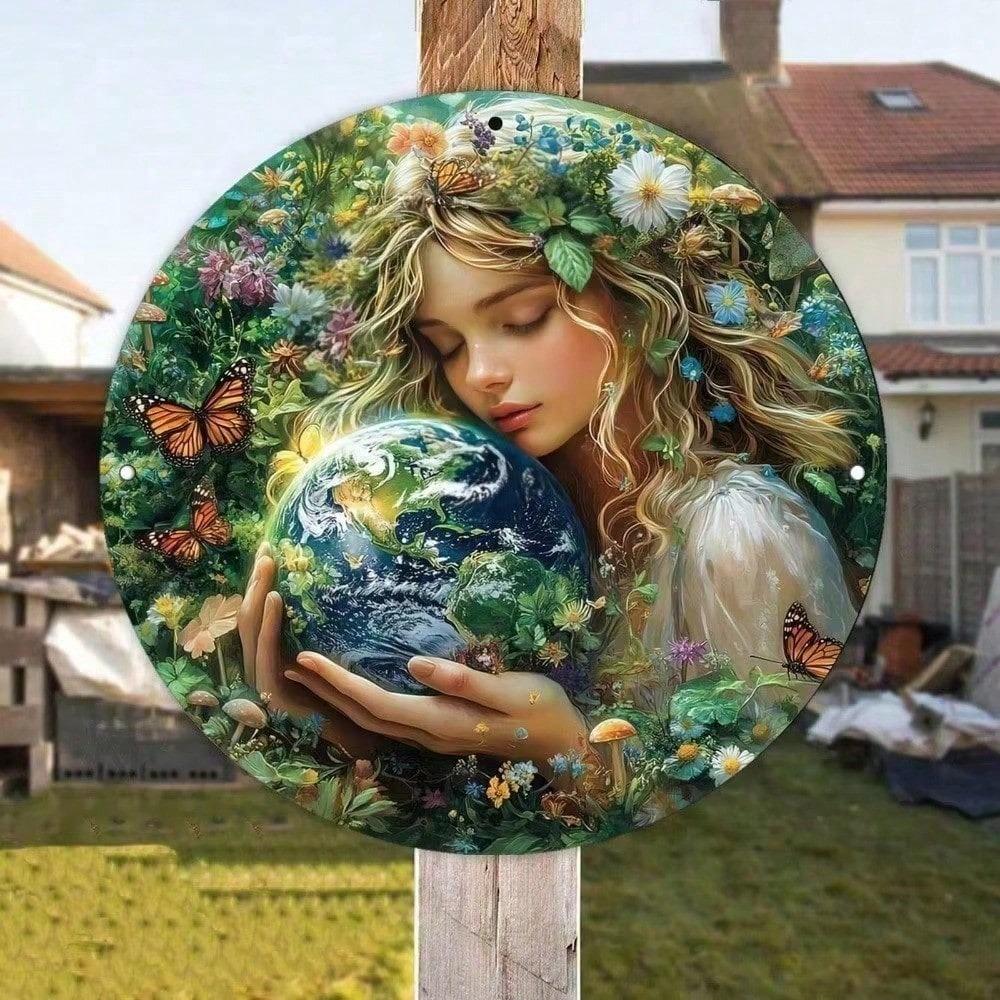 Vintage Round Metal Wall Art Earth Tone Floral Butterfly Girl Decor for Home Living Room Bedroom