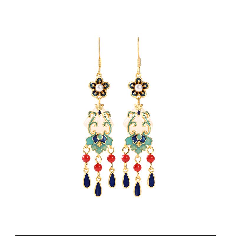 Chinese Style Gold-Plated Cloisonné Enamel Imitation Jade Tassel Earrings Recommended by Xiaohongshu Blogger