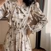 Korean Ruffle Print Chiffon Dress with Puff Sleeves