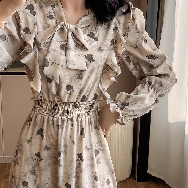 Korean Ruffle Print Chiffon Dress with Puff Sleeves