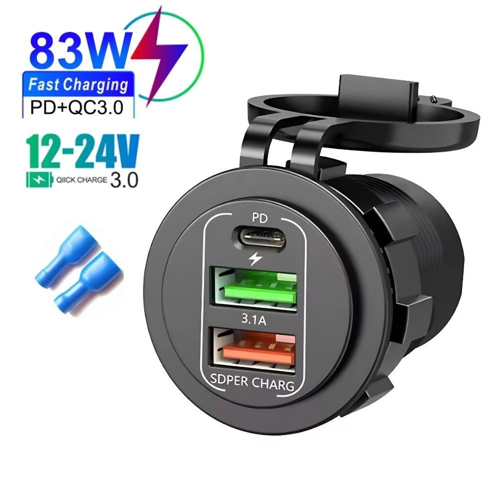 83W Zásuvka nabíječky do auta PD 30W Rychlé nabíjení Dvojitý USB+Type C Výstup Telefonní napájecí adaptér s voltmetrem pro motocykl, nákladní automobil, loď