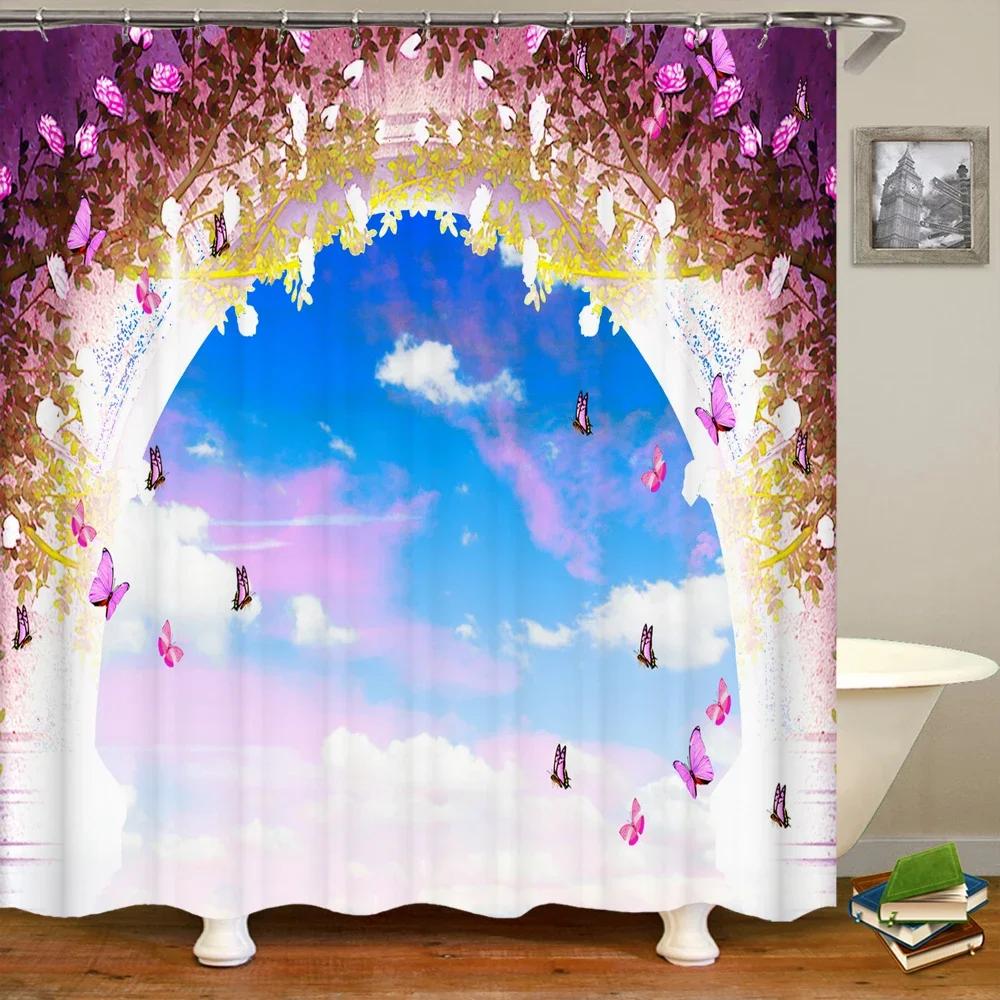 Waterproof Fabric 3D Shower Curtain Bathroom Curtain Pink Tree Landscape Polyester Bath Curtain Decorate With Hooks Cortina