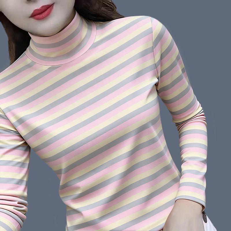 Großgröße Gestreifter Rollkragenpullover Dünnes Oberteil in Großgröße Langärmeliges Oberteil für Damen Mutter Sommer Locker und Vielseitig Unterziehshirt