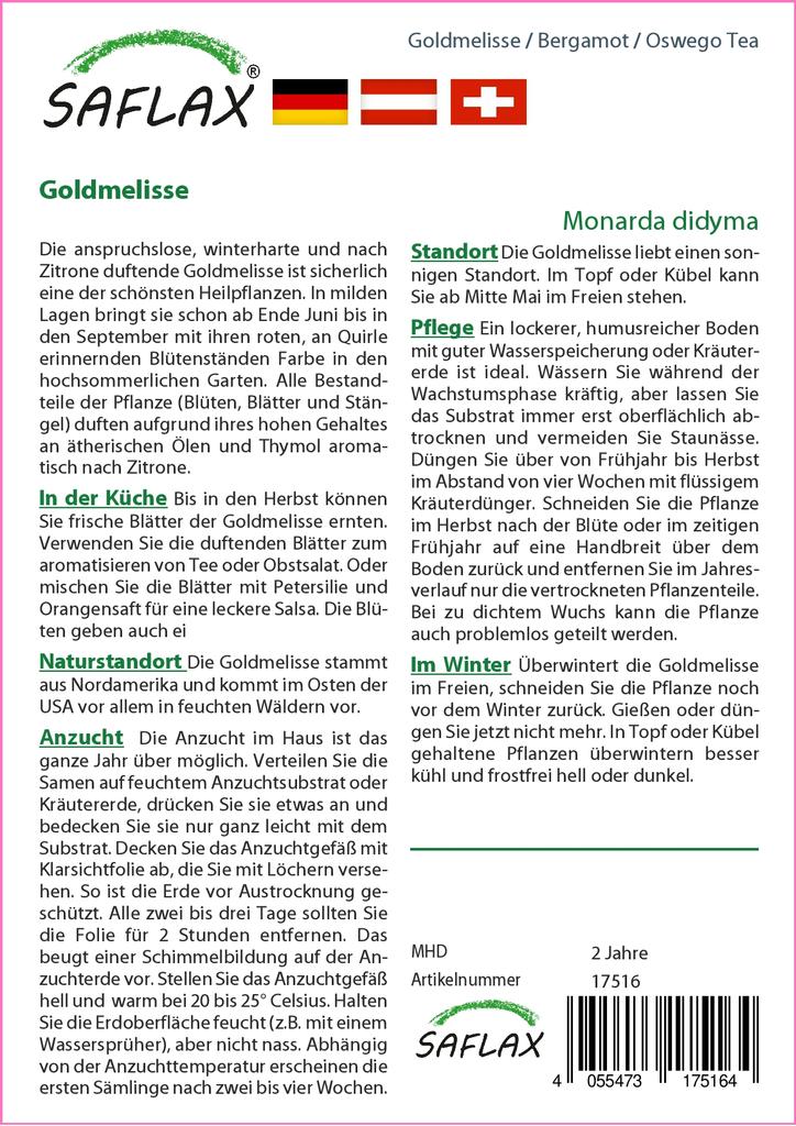 SAFLAX Garden In the Bag - Bergamot / Oswego Tea - 20 Seeds - With Substrate In a Fitting Stand Up Bag - Monarda Didyma