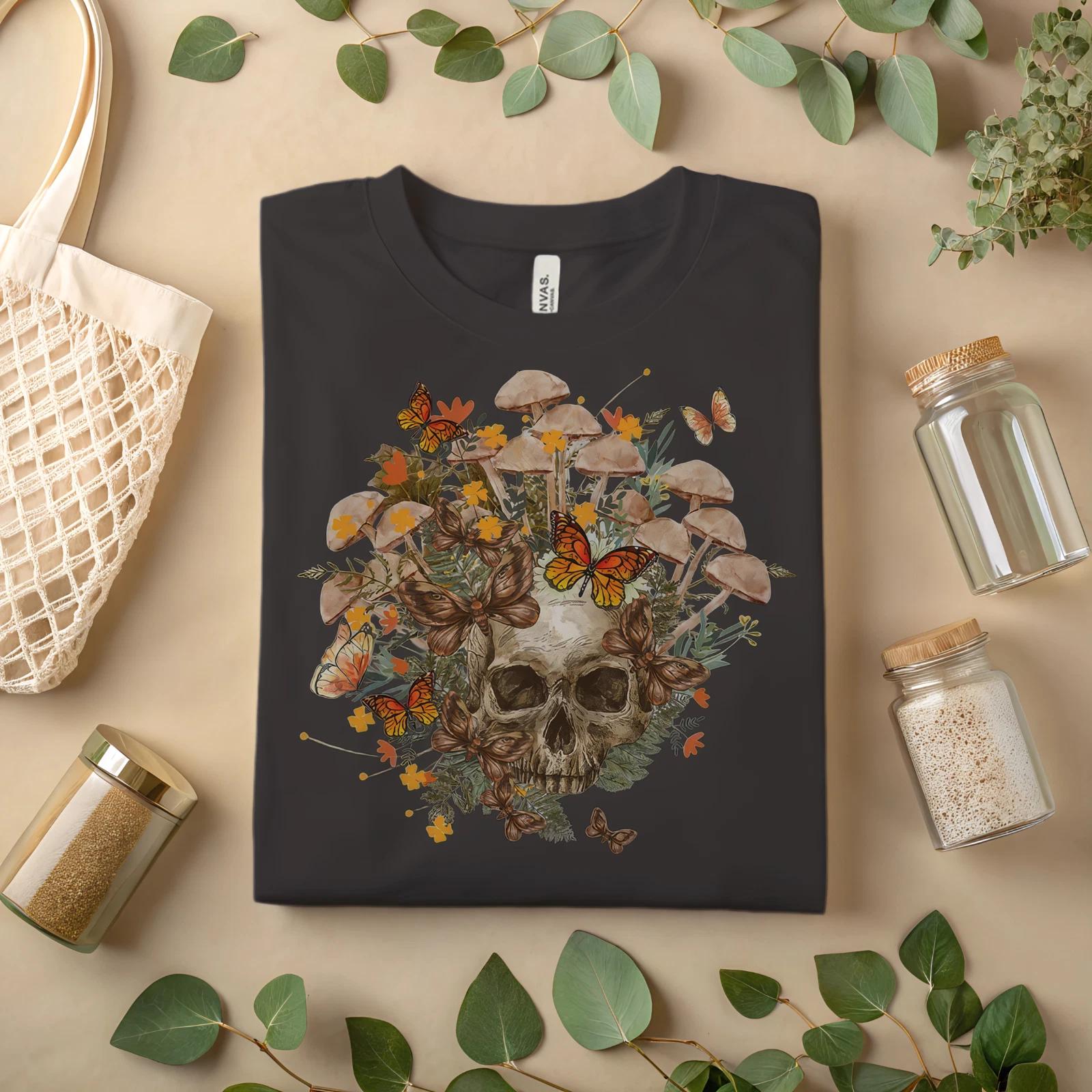 Skull Mushroom Butterfly T-Shirt – Gothic Nature Graphic Tee A115 XL