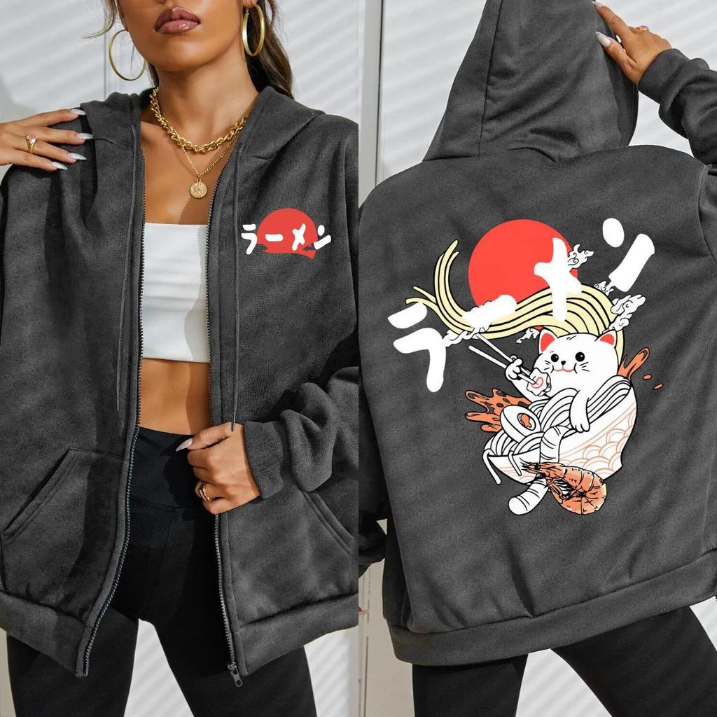 Japanese Delicious Noodle Cat Prints Zipper Hoodie Women Street Fleece Hoody Fashion Sportswears Autumn Loose Sportswear