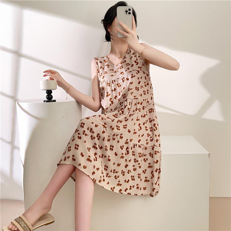 Women's Cotton and Silk Nightgown Summer Thin Internet Celebrity Large Size Printed Pajamas New Sleeveless Loungewear