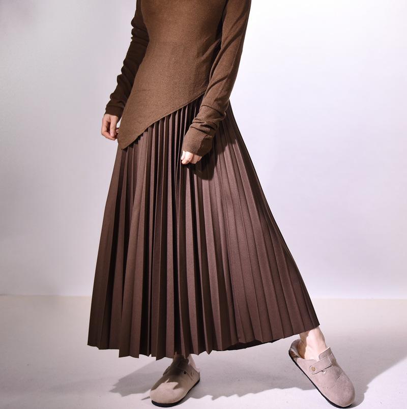 

Твідова спідниця плісована міді стиль літня потовщена драпірування гарний суцільний колір тонка довга спідниця One Size колір темно кави