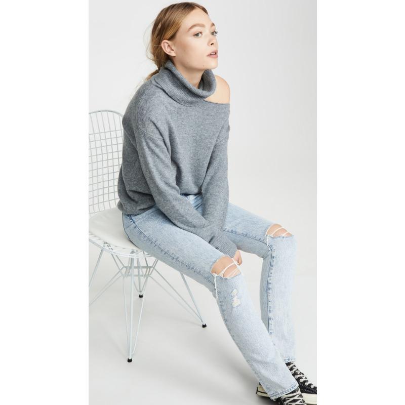 Autumn and Winter Women's Knitwear Solid Colour Lapel Leakage Shoulder Sexy Knitted Sweater
